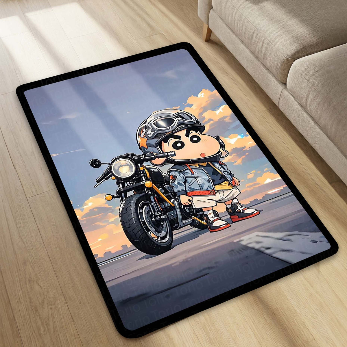 Shinchan Biker Chibi Area Flat Rug | Cute Shinchan Motorcycle Area Flat Rug | Premium Cartoon Gaming Room Decor Flat Rug