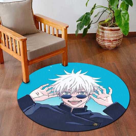 Satoru Gojo Anime Circular Floor Mat (3 mm Thick) | Jujutsu Kaisen Gojo Sensei Round Flat Rug with Cool Sunglasses Design for Gaming Room, Bedroom & Otaku Decor | TORIO