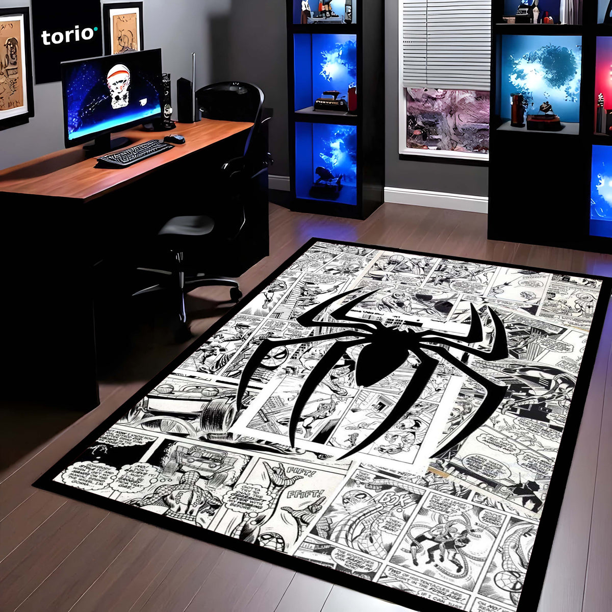 SpiderMan Comic Collage Floor Mat | Black & White Marvel Spider Art Flat Rug | Anti-Slip 3mm Absorbent Floor Mat for Gaming Room, Bedroom & Fan Cave