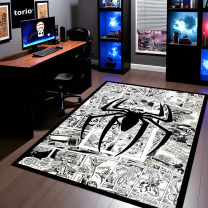 SpiderMan Comic Collage Floor Mat | Black & White Marvel Spider Art Flat Rug | Anti-Slip 3mm Absorbent Floor Mat for Gaming Room, Bedroom & Fan Cave