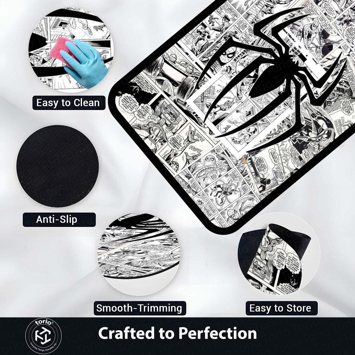 SpiderMan Comic Collage Floor Mat | Black & White Marvel Spider Art Flat Rug | Anti-Slip 3mm Absorbent Floor Mat for Gaming Room, Bedroom & Fan Cave