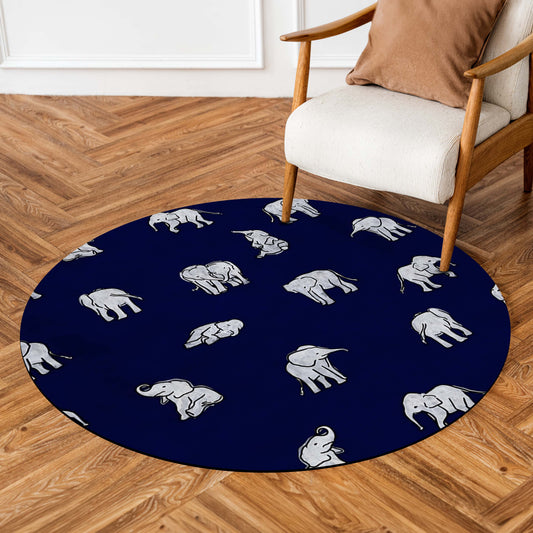 Elephant Pattern Round Area Flat Rug | Navy Blue Wildlife Animal Print Floor Mat | Minimal Safari Inspired Circular Carpet for Living Room, Bedroom & Kids Room Decor