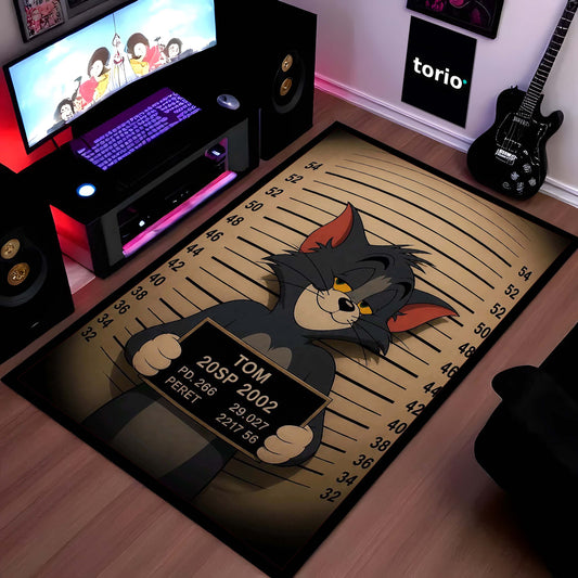 Tom Mugshot Area Flat Rug | Funny Tom & Jerry Cartoon Area Flat Rug | Premium Cartoon Gaming Room Decor Flat Rug