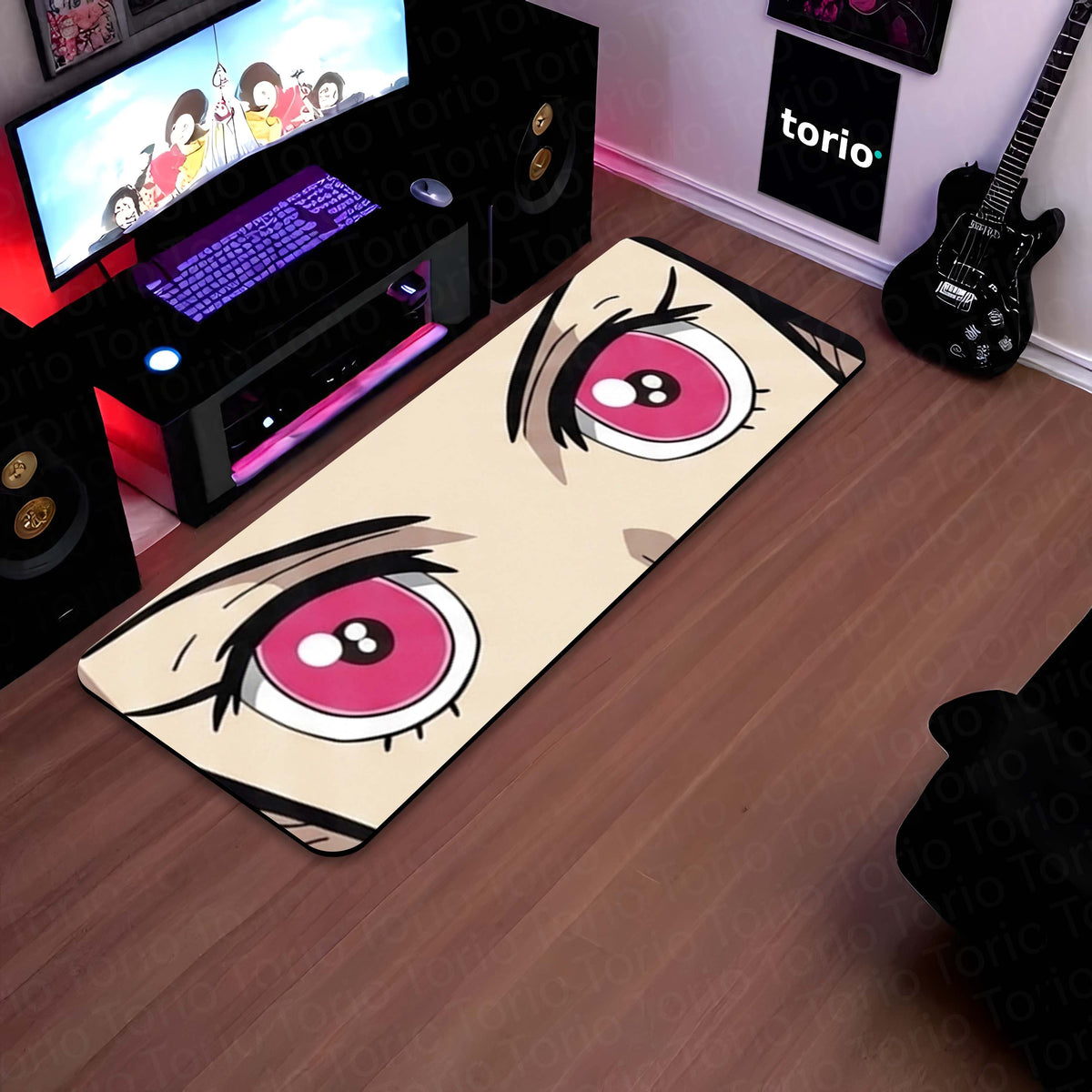 Anime Pink Eyes Floor Mat | Cute Kawaii Anime Eye Art Flat Rug | Anti-Slip 3mm Absorbent Floor Mat for Bedroom, Gaming Room, Bathroom & Otaku Decor