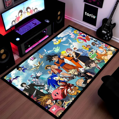 Anime Multiverse Crossover Floor Mat | Iconic Anime Characters Collage Flat Rug | Anti-Slip 3mm Absorbent Floor Mat for Gaming Room, Bedroom & Otaku Setup
