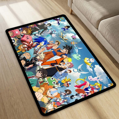 Anime Multiverse Crossover Floor Mat | Iconic Anime Characters Collage Flat Rug | Anti-Slip 3mm Absorbent Floor Mat for Gaming Room, Bedroom & Otaku Setup