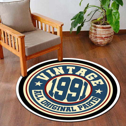Vintage 1991 Original Parts Round Flat Rug | Retro Garage Floor Mat | Classic Americana Circle Flat Rug for Bedroom, Living Room, Man Cave & Vintage Decor