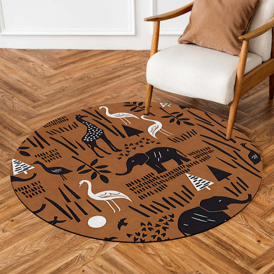 Safari Animal Pattern Round Area Flat Rug | Brown Wildlife Print Circular Floor Mat | Elephant Giraffe Bird Nature Theme Carpet for Living Room, Bedroom & Kids Room Decor