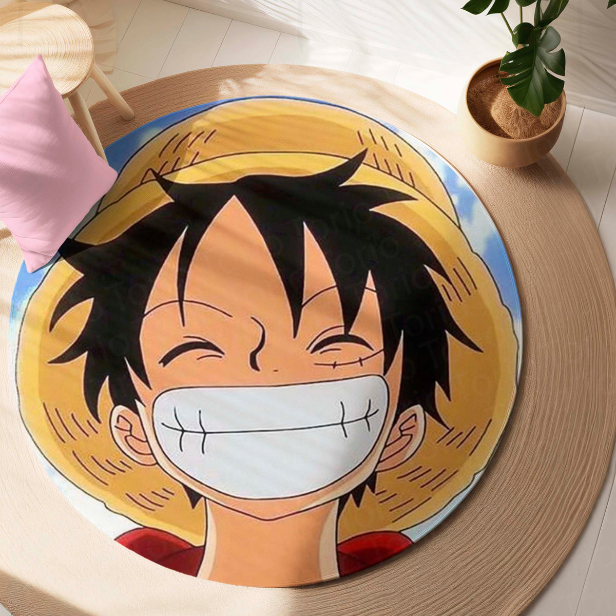 Monkey D. Luffy Smiling Face Circular Floor Mat (3 mm Thick) | One Piece Anime Round Flat Rug for Bedroom, Gaming Room & Otaku Decor | TORIO