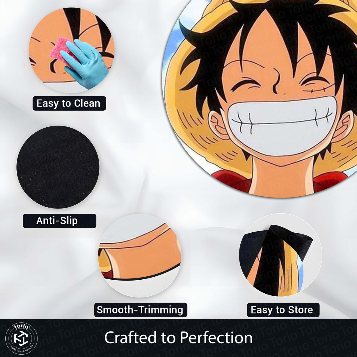 Monkey D. Luffy Smiling Face Circular Floor Mat (3 mm Thick) | One Piece Anime Round Flat Rug for Bedroom, Gaming Room & Otaku Decor | TORIO