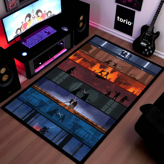 Anime Ninja Silhouette Floor Mat | Cinematic Samurai Battle Scene Flat Rug | Anti-Slip 3mm Absorbent Floor Mat for Gaming Room, Bedroom & Otaku Setup