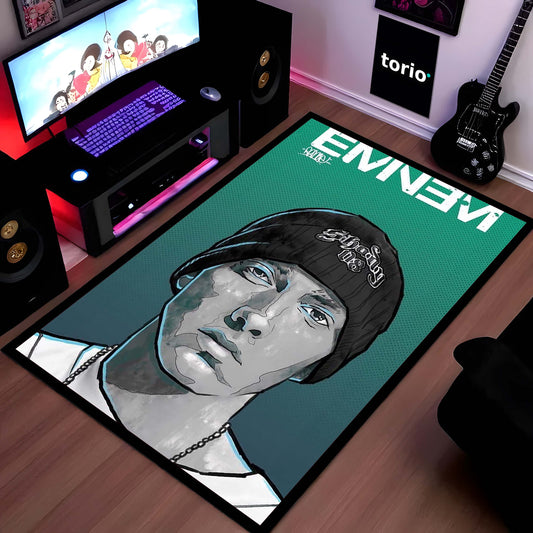 Eminem Portrait Area Flat Rug | Slim Shady Rap Music Artist Flat Rug | Hip-Hop Room Decor | Premium Gaming & Bedroom Flat Rug