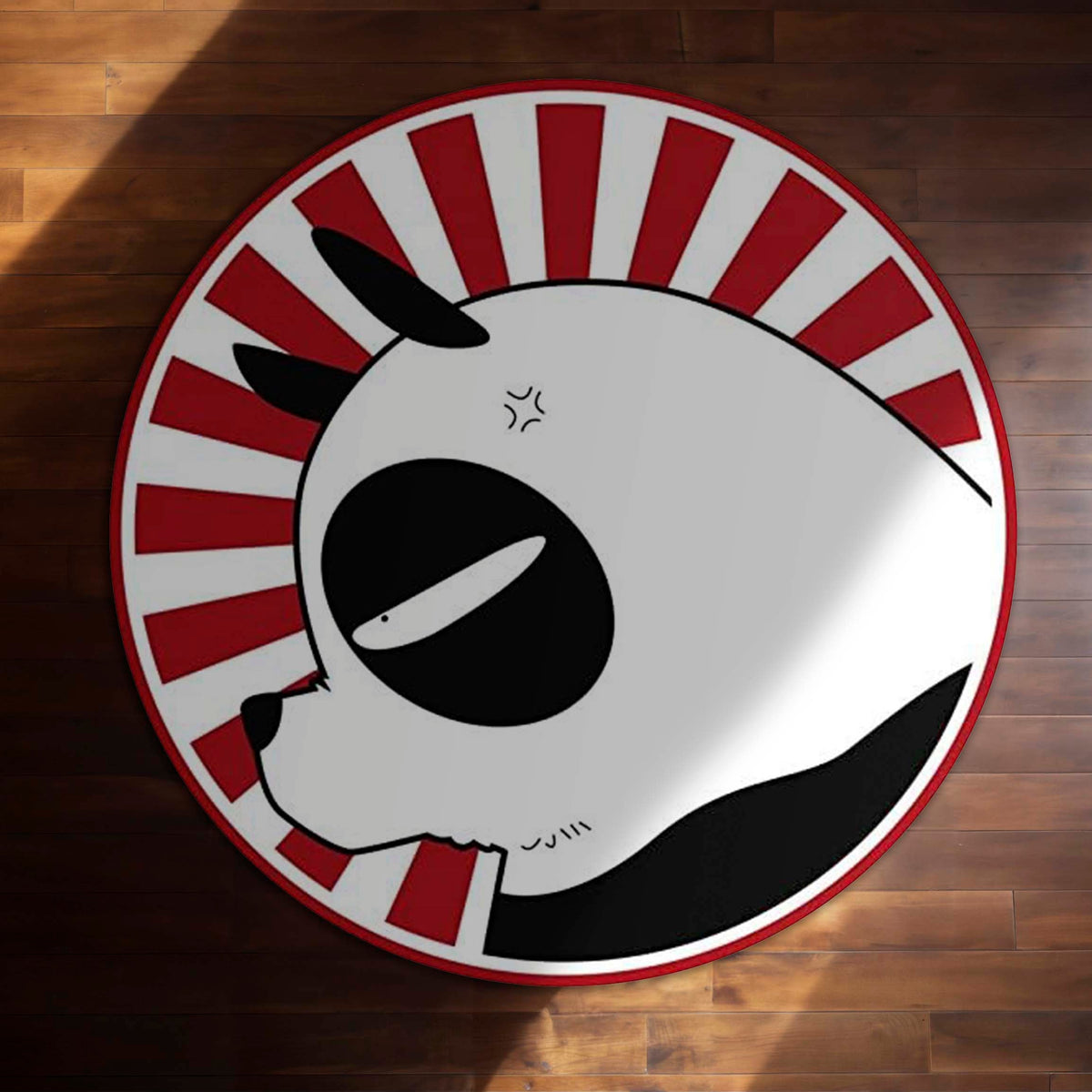 Cute Panda Circular Floor Mat (3 mm Thick) | Minimal Panda Round Flat Rug with Red Sunburst Design for Bedroom, Kids Room & Modern Home Decor | TORIO