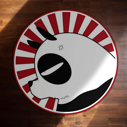 Cute Panda Circular Floor Mat (3 mm Thick) | Minimal Panda Round Flat Rug with Red Sunburst Design for Bedroom, Kids Room & Modern Home Decor | TORIO