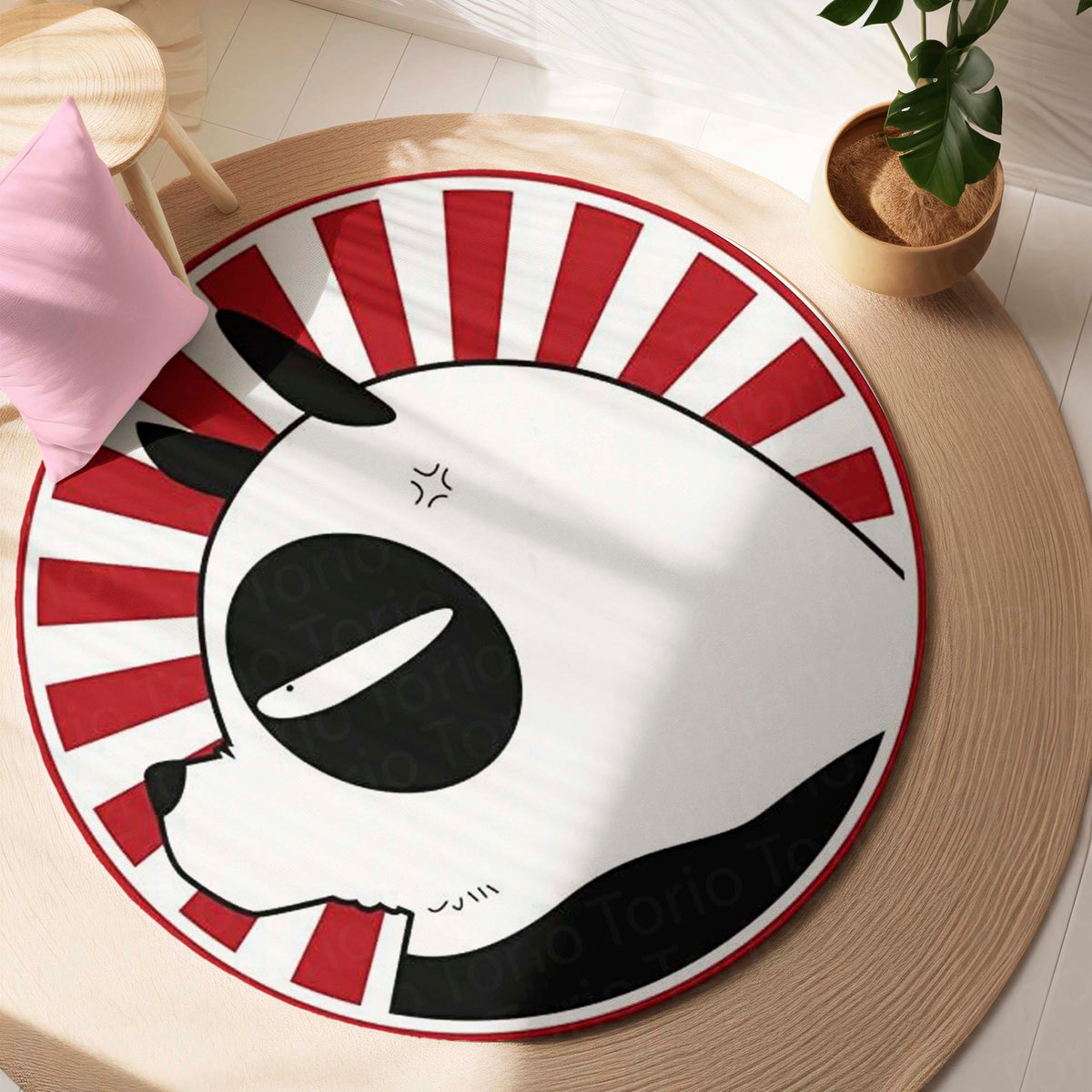 Cute Panda Circular Floor Mat (3 mm Thick) | Minimal Panda Round Flat Rug with Red Sunburst Design for Bedroom, Kids Room & Modern Home Decor | TORIO