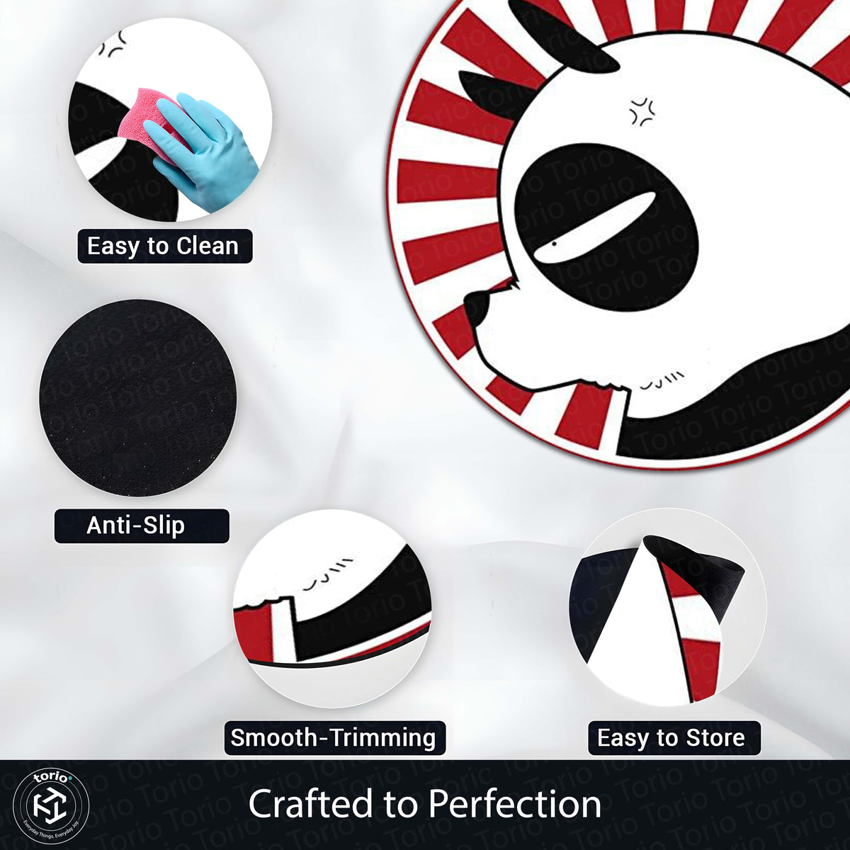 Cute Panda Circular Floor Mat (3 mm Thick) | Minimal Panda Round Flat Rug with Red Sunburst Design for Bedroom, Kids Room & Modern Home Decor | TORIO