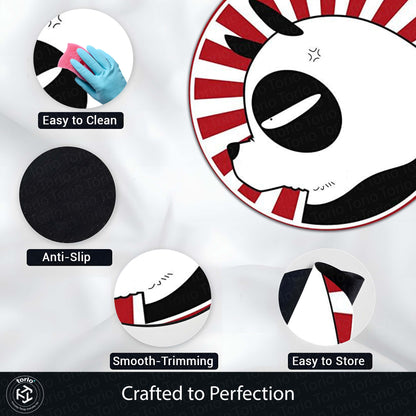 Cute Panda Circular Floor Mat (3 mm Thick) | Minimal Panda Round Flat Rug with Red Sunburst Design for Bedroom, Kids Room & Modern Home Decor | TORIO