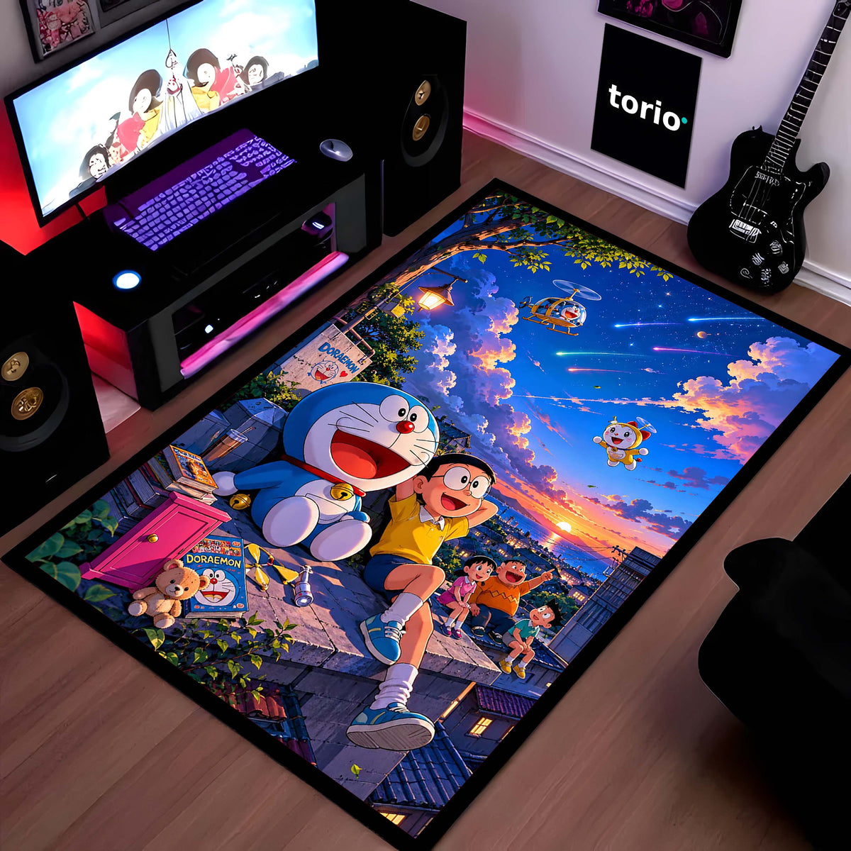 Doraemon & Friends Adventure Area Flat Rug | Doraemon Anime Flat Rug | Nobita Cartoon Room Decor | Premium Gaming & Bedroom Flat Rug
