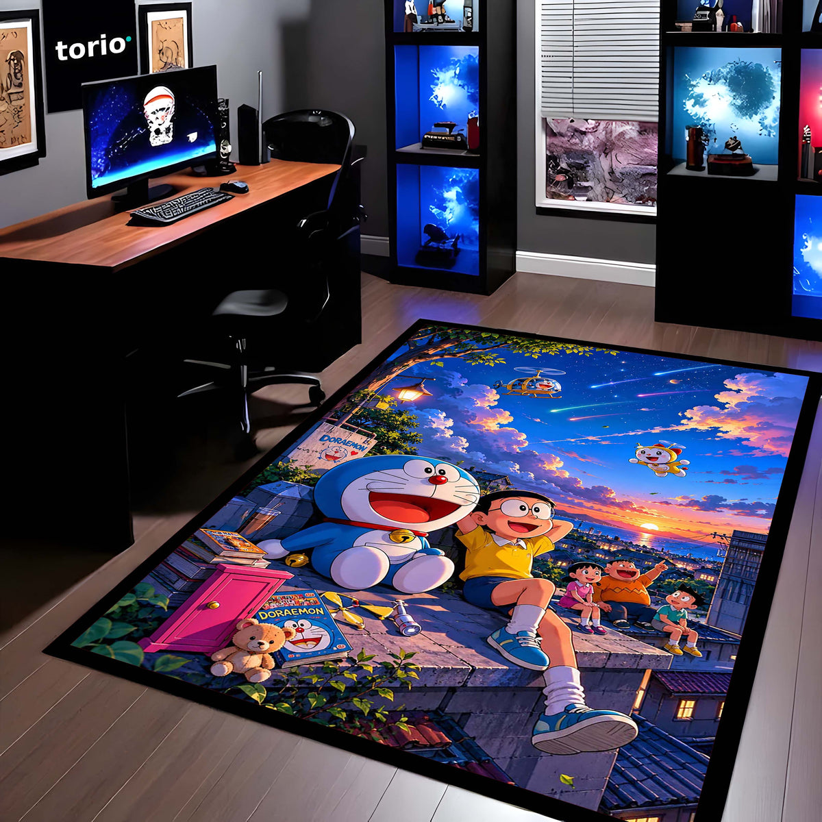 Doraemon & Friends Adventure Area Flat Rug | Doraemon Anime Flat Rug | Nobita Cartoon Room Decor | Premium Gaming & Bedroom Flat Rug