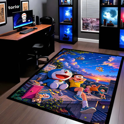 Doraemon & Friends Adventure Area Flat Rug | Doraemon Anime Flat Rug | Nobita Cartoon Room Decor | Premium Gaming & Bedroom Flat Rug