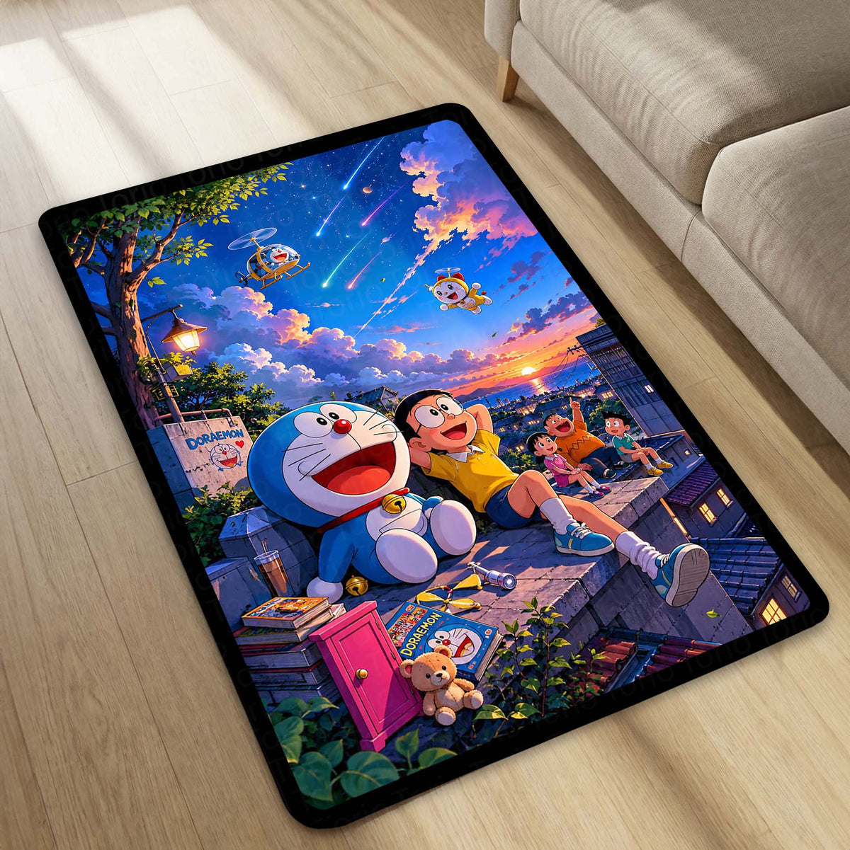 Doraemon & Friends Adventure Area Flat Rug | Doraemon Anime Flat Rug | Nobita Cartoon Room Decor | Premium Gaming & Bedroom Flat Rug