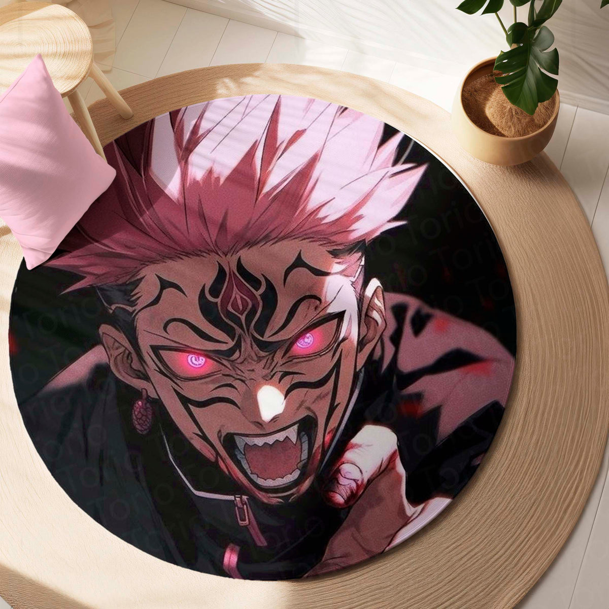 Ryomen Sukuna Anime Circular Floor Mat (3 mm Thick) | Jujutsu Kaisen Cursed King Round Flat Rug with Dark Aura Design for Gaming Room, Bedroom & Otaku Decor | TORIO