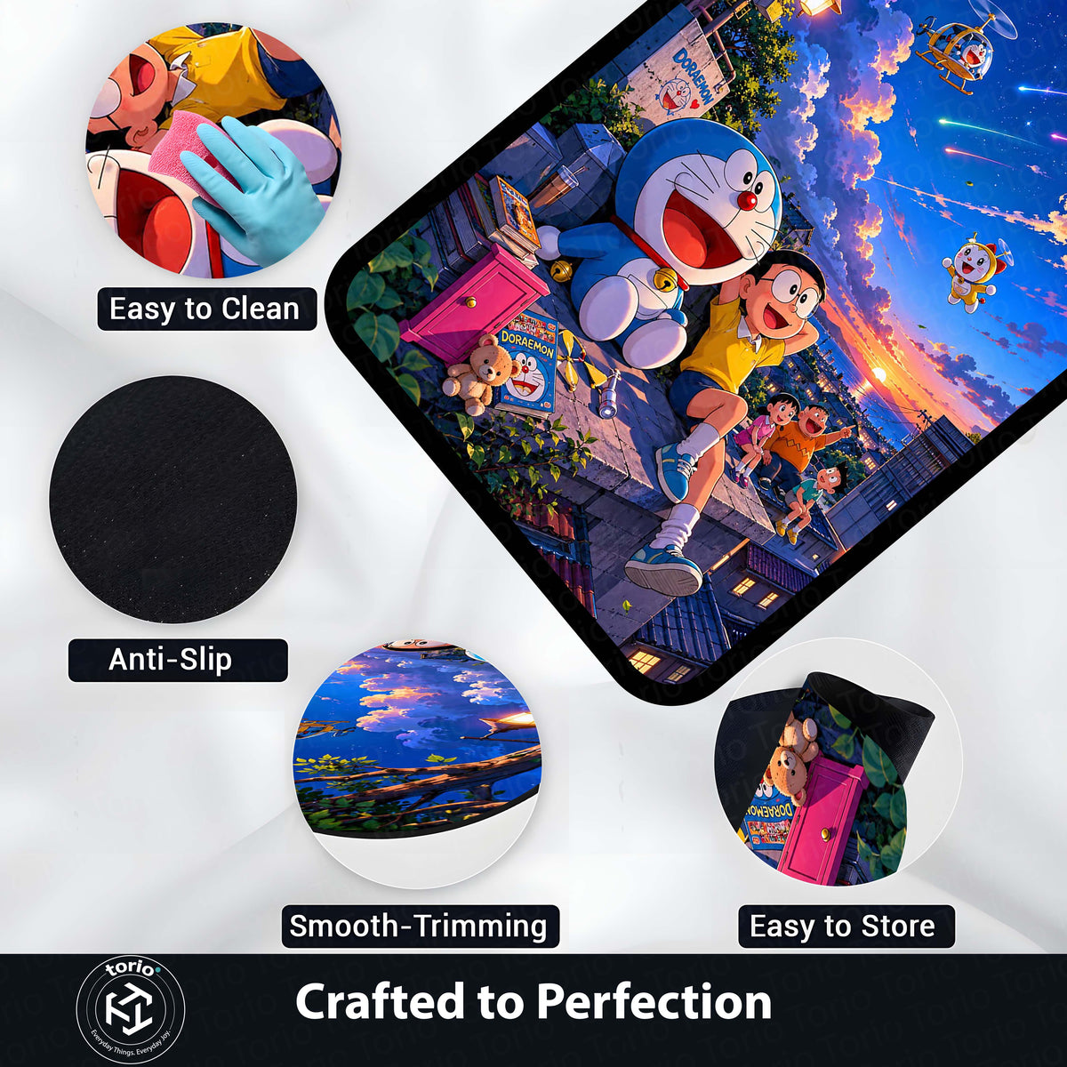 Doraemon & Friends Adventure Area Flat Rug | Doraemon Anime Flat Rug | Nobita Cartoon Room Decor | Premium Gaming & Bedroom Flat Rug