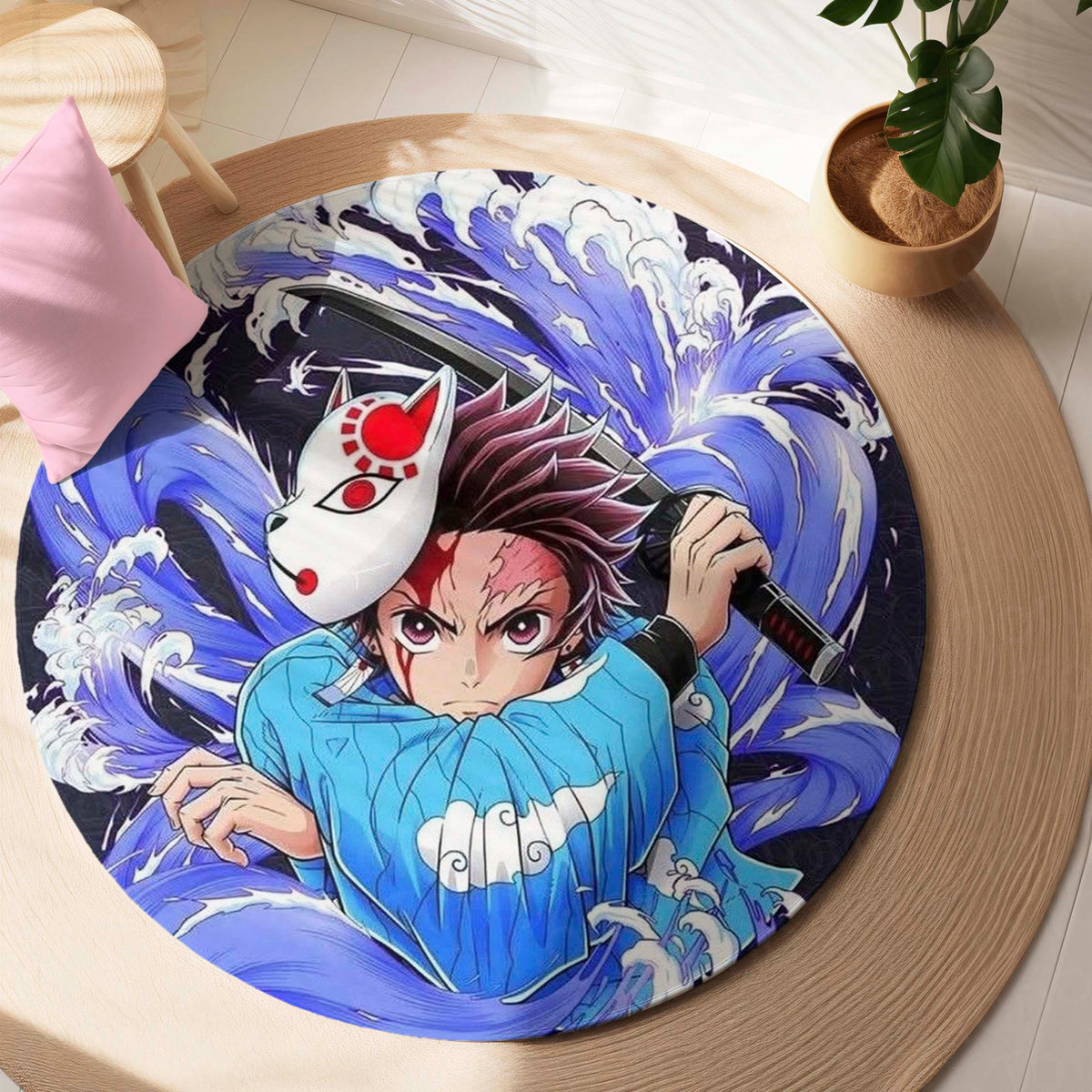 Tanjiro Kamado Demon Slayer Circular Floor Mat (3 mm Thick) | Anime Inspired Round Flat Rug for Gaming Room, Bedroom & Otaku Decor | TORIO
