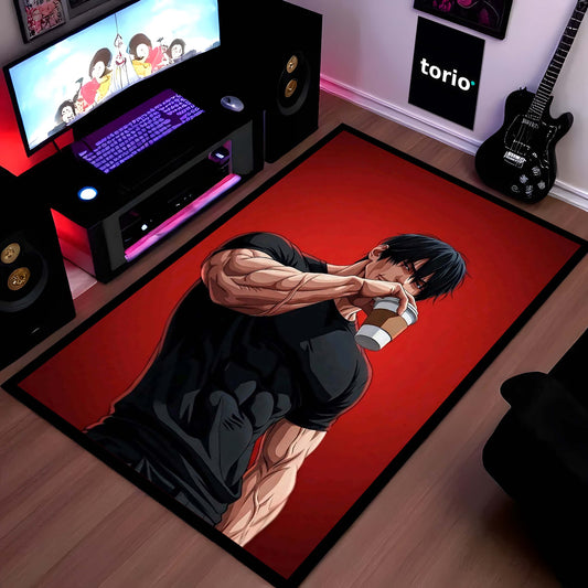 Anime Muscle Coffee Aesthetic Area Flat Rug | Gym Anime Character Flat Rug | Fitness Room Decor | Premium Gaming & Bedroom Flat Rug