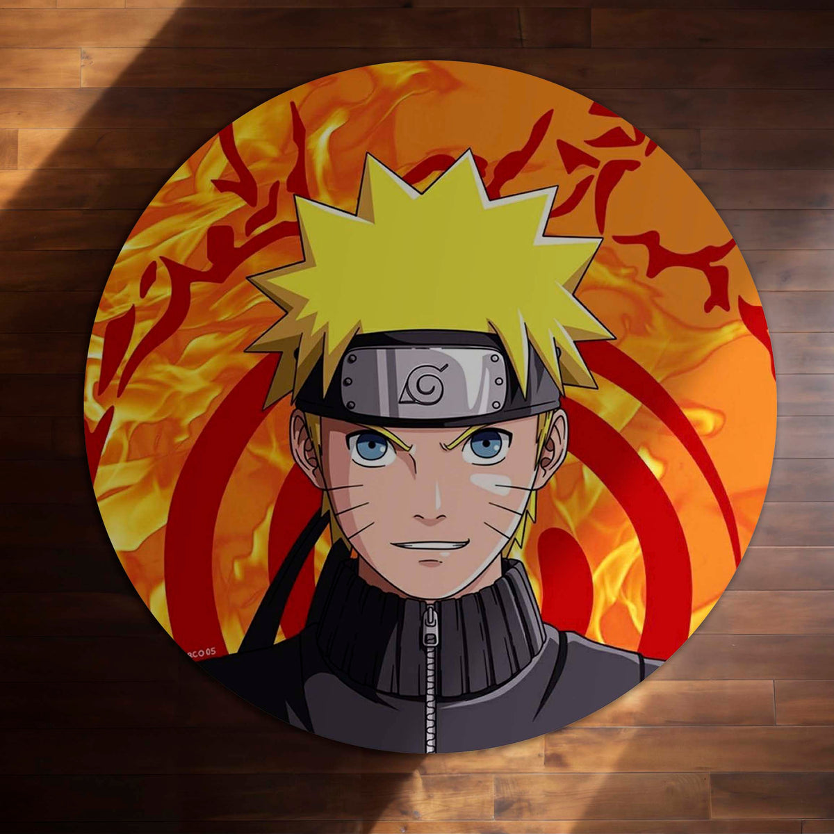 Naruto Uzumaki Circular Floor Mat (3 mm Thick) | Naruto Anime Round Flat Rug with Konoha Symbol & Fire Background for Bedroom, Gaming Room & Otaku Decor | TORIO