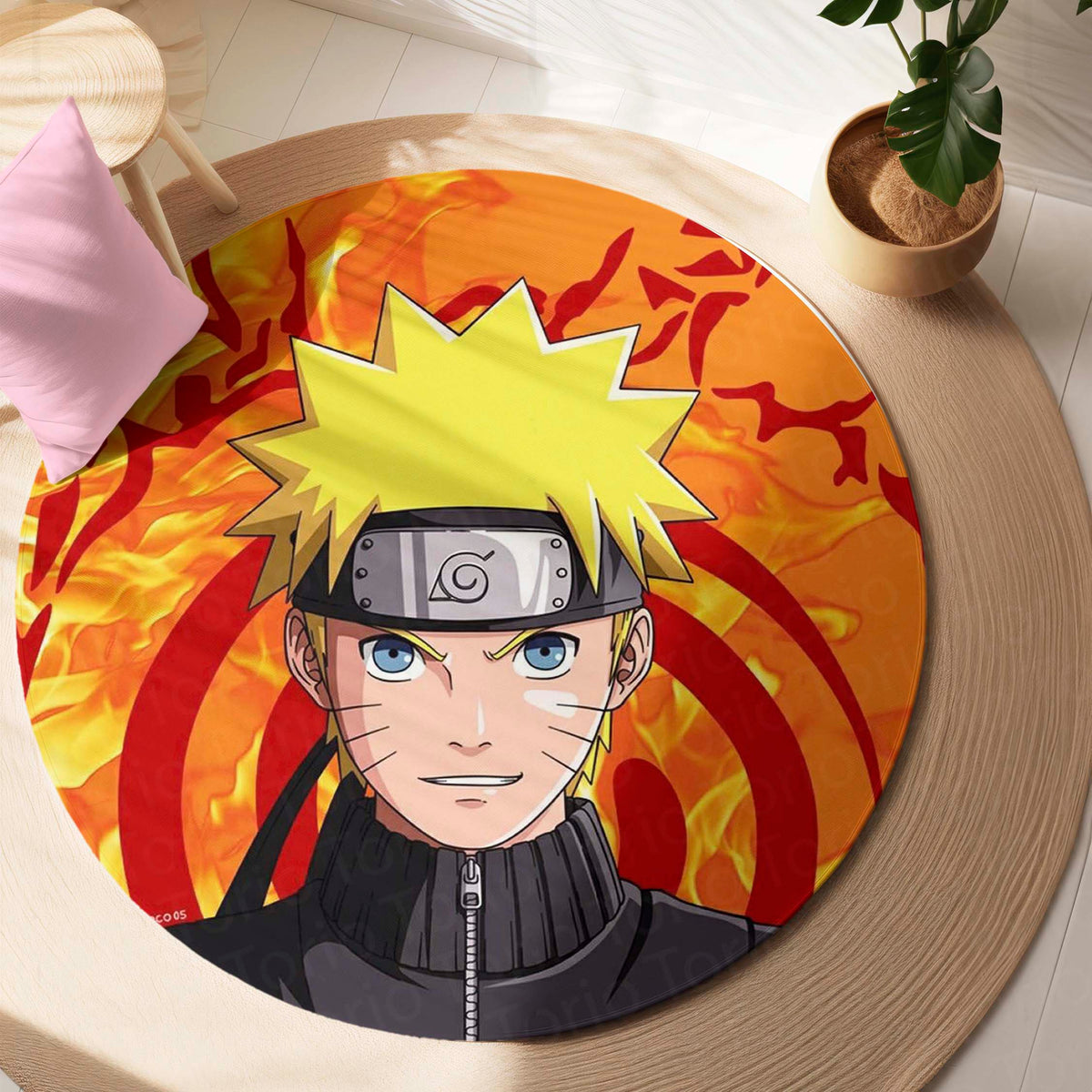 Naruto Uzumaki Circular Floor Mat (3 mm Thick) | Naruto Anime Round Flat Rug with Konoha Symbol & Fire Background for Bedroom, Gaming Room & Otaku Decor | TORIO