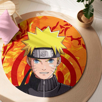 Naruto Uzumaki Circular Floor Mat (3 mm Thick) | Naruto Anime Round Flat Rug with Konoha Symbol & Fire Background for Bedroom, Gaming Room & Otaku Decor | TORIO