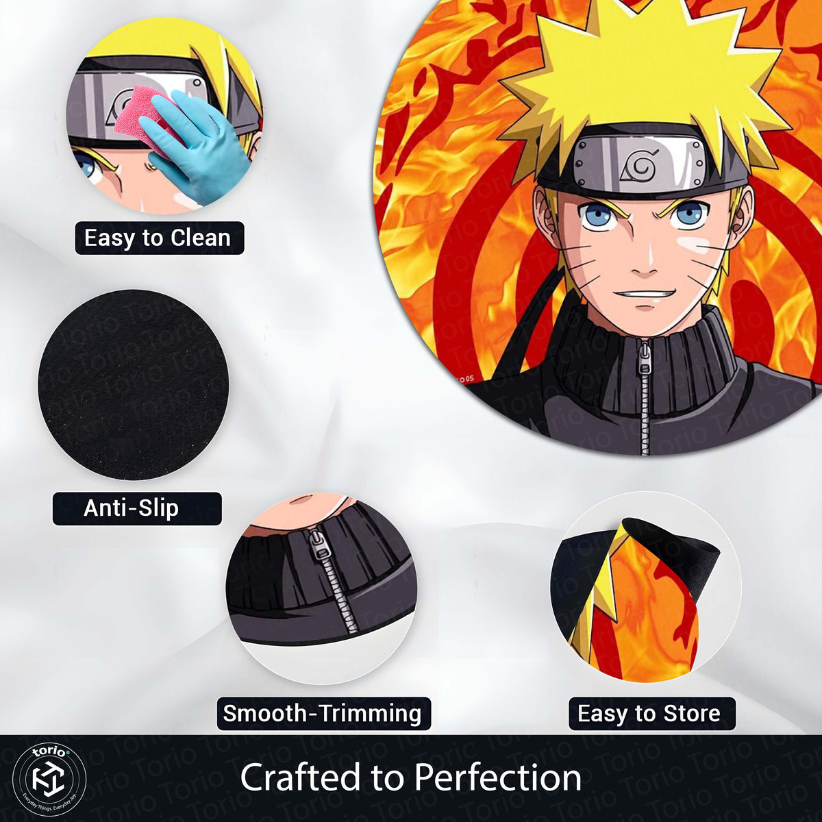 Naruto Uzumaki Circular Floor Mat (3 mm Thick) | Naruto Anime Round Flat Rug with Konoha Symbol & Fire Background for Bedroom, Gaming Room & Otaku Decor | TORIO