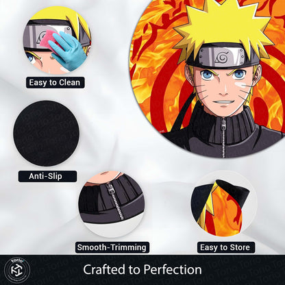 Naruto Uzumaki Circular Floor Mat (3 mm Thick) | Naruto Anime Round Flat Rug with Konoha Symbol & Fire Background for Bedroom, Gaming Room & Otaku Decor | TORIO