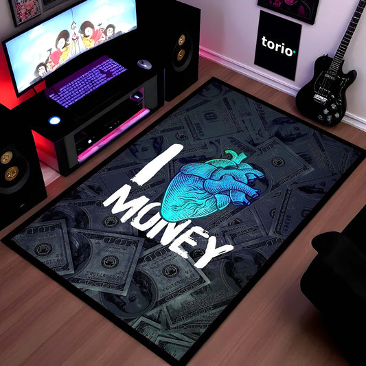 I Love Money Area Flat Rug | Money Heart Aesthetic Flat Rug | Dollar Bills Motivational Room Decor | Premium Gaming & Bedroom Flat Rug