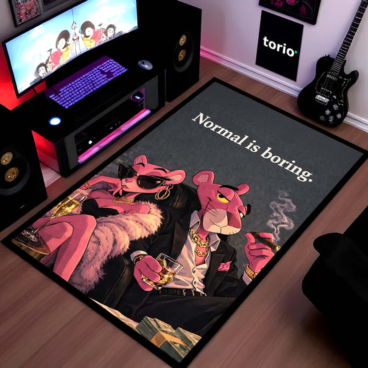Pink Panther Luxury Lifestyle Area Flat Rug | Normal Is Boring Quote Flat Rug | Mafia Aesthetic Room Decor | Premium Gaming & Living Room Flat Rug