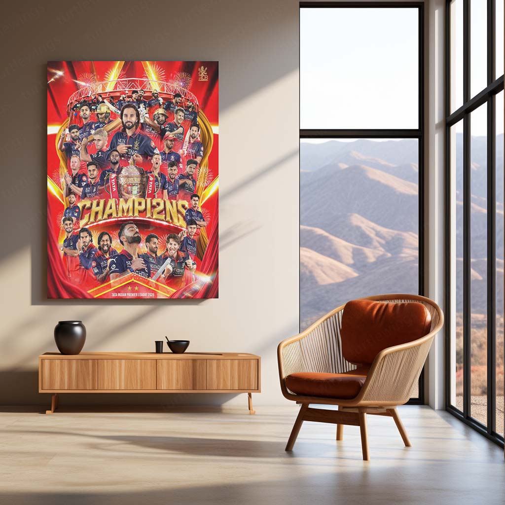 RCB Champion Celebration Metal Poster | IPL 2026 Trophy Winning Cricket Wall Art for Fans