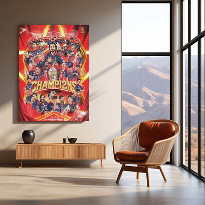 RCB Champion Celebration Metal Poster | IPL 2026 Trophy Winning Cricket Wall Art for Fans