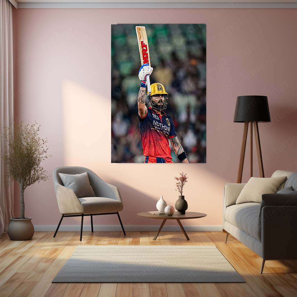RCB virat Batting Celebration Metal Poster | IPL 2026 Cricket Champion Wall Art for Fans 01