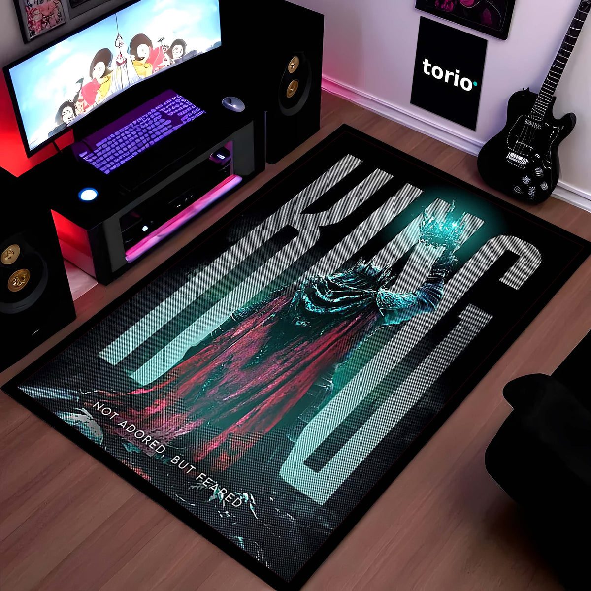 King Fantasy Area Flat Rug | Not Adored But Feared Quote Flat Rug | Dark King Aesthetic Room Decor | Premium Gaming & Living Room Flat Rug