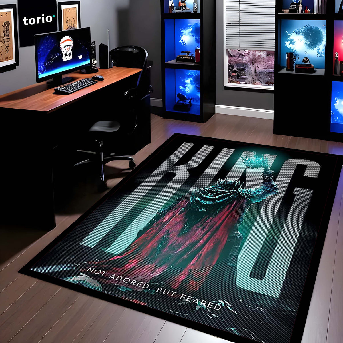 King Fantasy Area Flat Rug | Not Adored But Feared Quote Flat Rug | Dark King Aesthetic Room Decor | Premium Gaming & Living Room Flat Rug