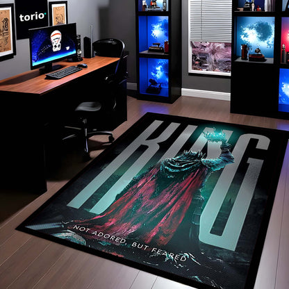 King Fantasy Area Flat Rug | Not Adored But Feared Quote Flat Rug | Dark King Aesthetic Room Decor | Premium Gaming & Living Room Flat Rug