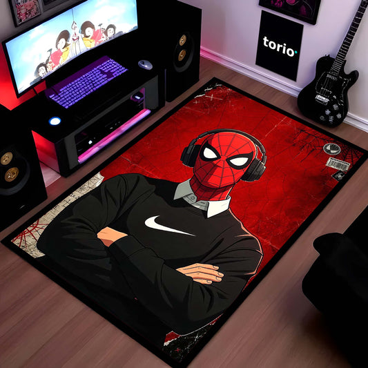 Spider Hero Streetwear Flat Rug | Headphones Superhero Aesthetic Flat Rug | Red & Black Gaming Room Decor | Premium Anti-Slip Area Flat Rug