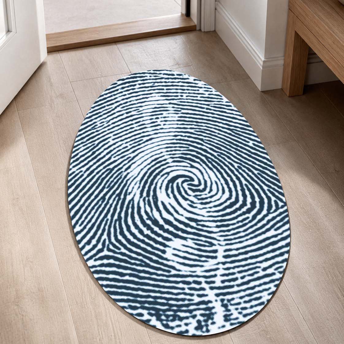 Minimalist Fingerprint Shape Flat Rug | Black & White Abstract Fingerprint Oval Area Flat Rug | Modern Monochrome Flat Rug for Living Room, Office & Contemporary Decor