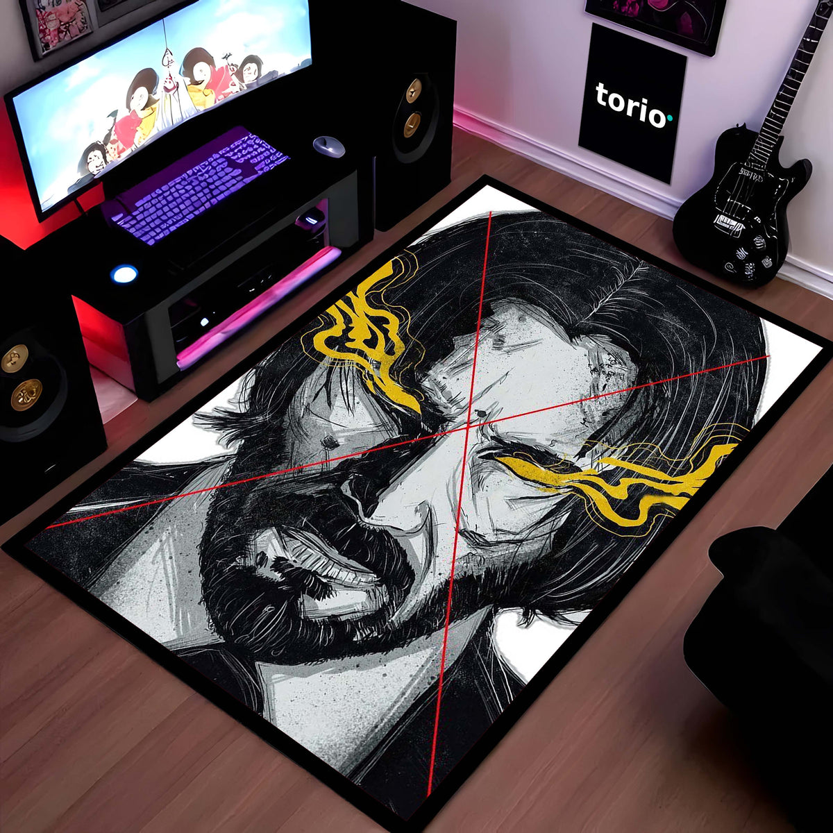 John Wick Sketch Art Flat Rug | Baba Yaga Assassin Area Flat Rug | Minimalist Action Movie Inspired Decor | Premium Anti-Slip Flat Rug