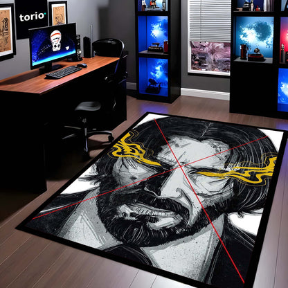 John Wick Sketch Art Flat Rug | Baba Yaga Assassin Area Flat Rug | Minimalist Action Movie Inspired Decor | Premium Anti-Slip Flat Rug