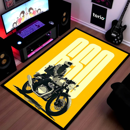 Vintage Cafe Racer Motorcycle Flat Rug | Minimalist Rider Area Flat Rug | Retro Biker Room Decor | Premium Anti-Slip Flat Rug