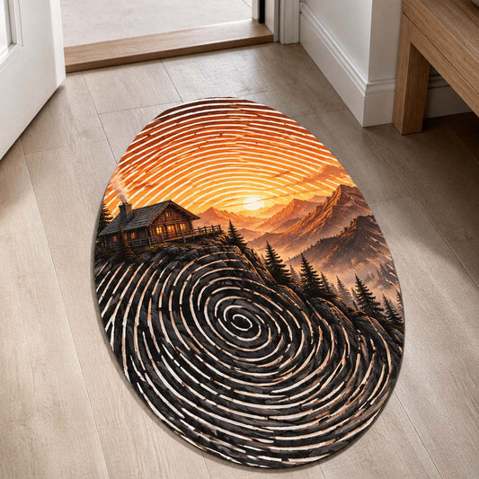 Sunset Mountain Cabin Fingerprint Shape Flat Rug | Scenic Nature Landscape Oval Area Flat Rug | Rustic Wilderness Flat Rug for Living Room, Bedroom & Cabin Decor