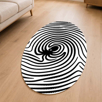 Octopus Fingerprint Shape Flat Rug | Black & White Abstract Ocean Art Oval Area Flat Rug | Minimalist Marine Flat Rug for Living Room, Bedroom & Office