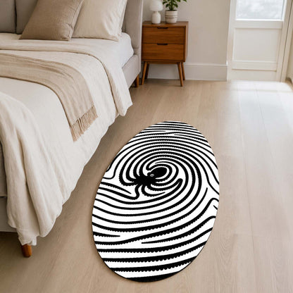 Octopus Fingerprint Shape Flat Rug | Black & White Abstract Ocean Art Oval Area Flat Rug | Minimalist Marine Flat Rug for Living Room, Bedroom & Office